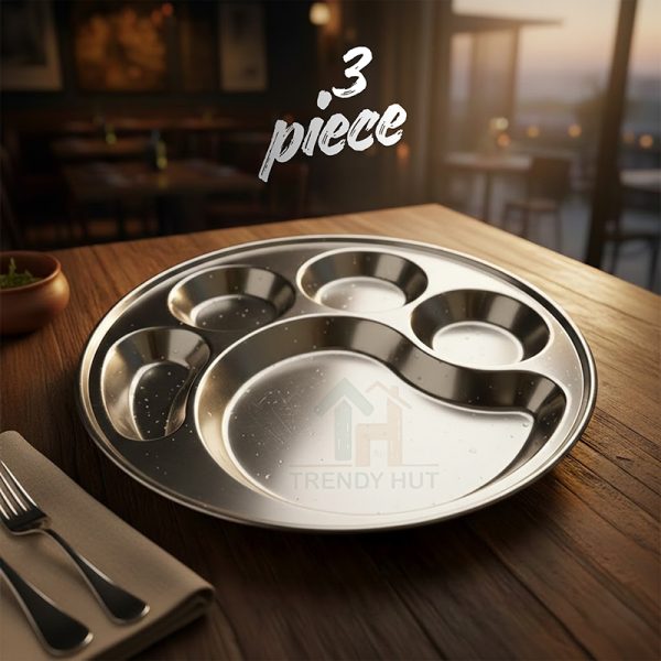 3 Piece Stainless Steel 5 Compartment Dinner Plate