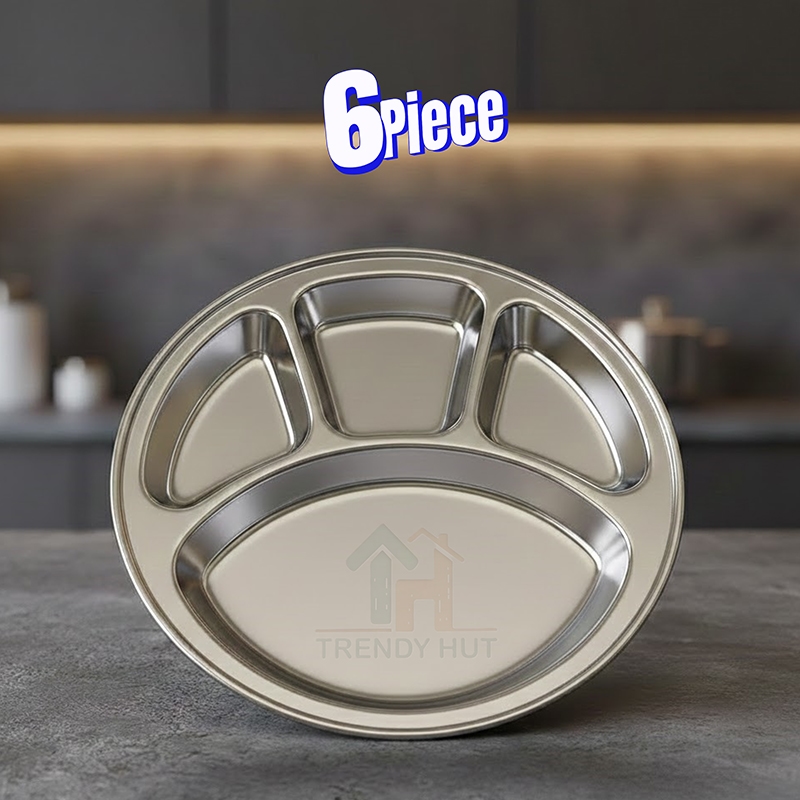 6 Piece Stainless Steel 4 Compartment Dinner Plate